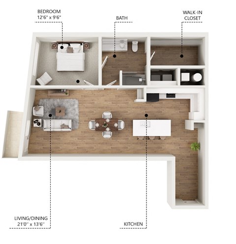 Floor plan for 1 bed, 1 bath, 895 sqft